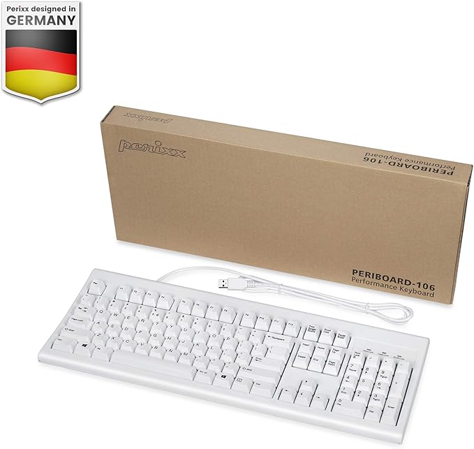 Perixx PERIBOARD-106 US W, Performance wired keyboard - 20 Million Key Press Life - Full Size 17.9"x6.6"x1.7" - White