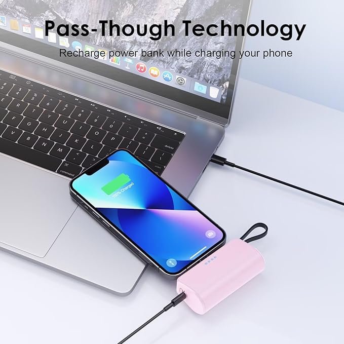 Mini Portable Charger for iPhone with Built-in Type-C Cable, 5200mAh Ultra-Compact Power Bank, PD 20W Fast Charging Battery Pack Phone Charger for iPhone 16/15/14/13, Samsung, Google, Android (Pink)