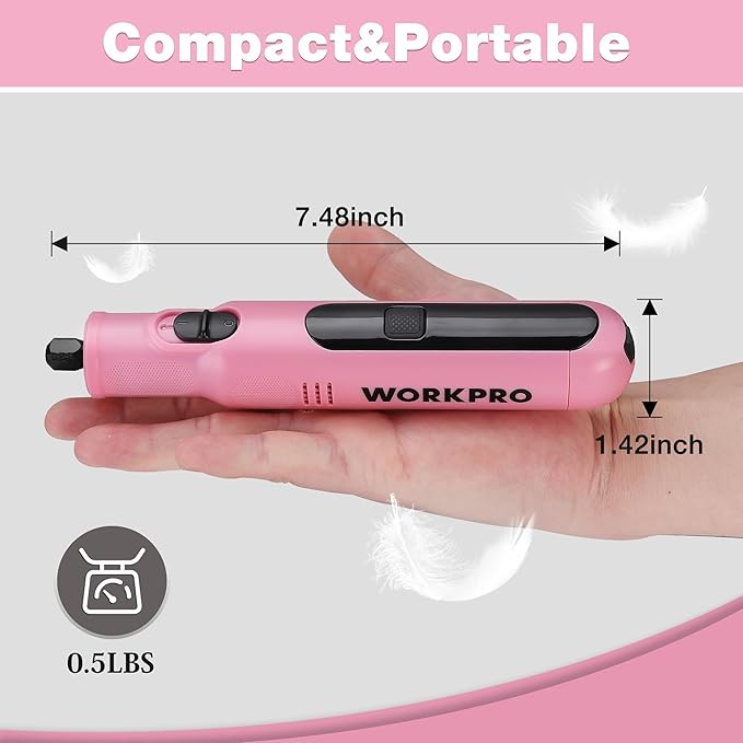 WORKPRO Cordless Rotary Tool, 8V Rotary Tool Kit with 117 Accessories, 6 Variable Speed, Type-C Charging, LED Work Light, Power Rotary Tool for Sanding, Polishing, Engraving, Cutting, DIY, Pink Ribbon