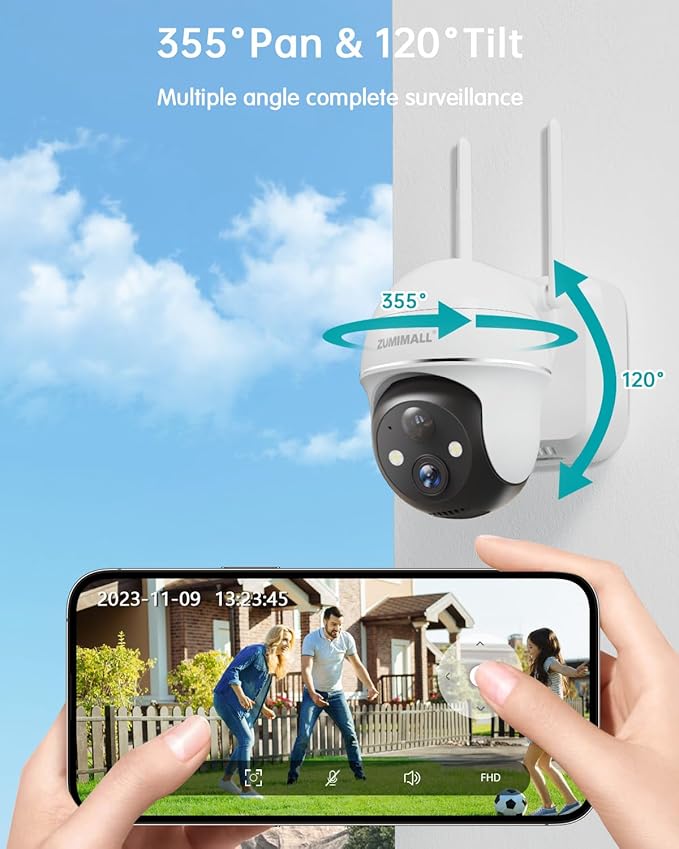 ZUMIMALL Security Cameras Wireless Outdoor, 360°View, 2K Battery Powered Cameras for Home Security, 3MP Color Night Vision, 2-Way Talk, IP66, AI Analysis, Cloud Storage, Alexa