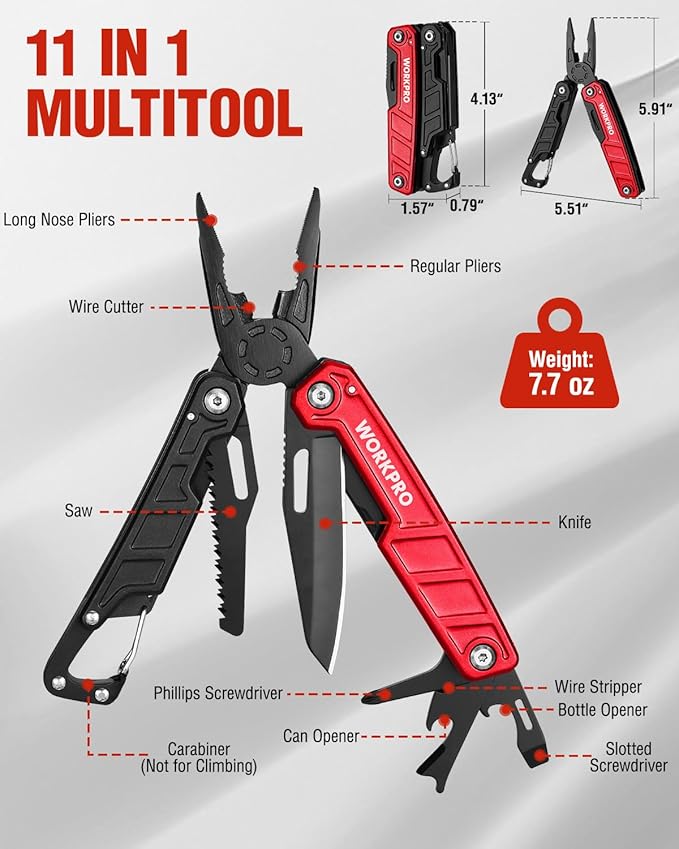 WORKPRO Multitool-11 in 1 Multitool Pliers with Pocket Clip and Sheath-EDC Multi Tool Knives with Safety Lock-Camping Tools Pocket Knife with Screwdriver Saw Blade Wire Cutter and Bottle Opener-Red