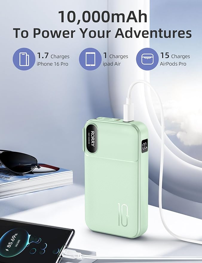 RORRY Portable Charger Built in Cables, AC Wall Plug In Portable Charger Power Bank 10000mAh Travel Battery Pack 22.5W Fast Charging for iPhone 16/15/14 Samsung Galaxy S24/S23/S22 Pixel LG iPad, Green