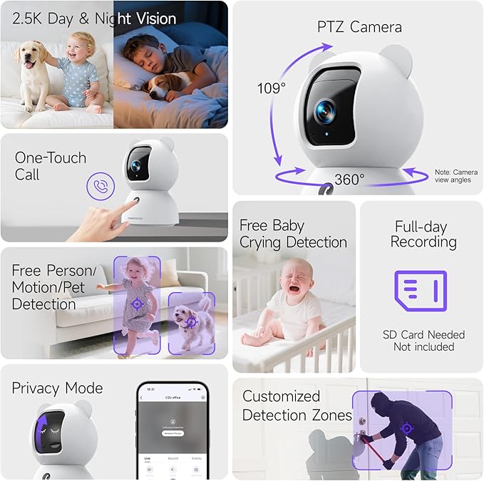 2.5K Security Camera Indoor, Non-Subscription AI Person/Pet/Cry Detection, 4MP Pet/Dog/Cat Camera w/Phone App, Pan Tilt 2.4GHz WiFi Cameras for Home Security, IR Night Vision, Full Duplex 2-Way Audio