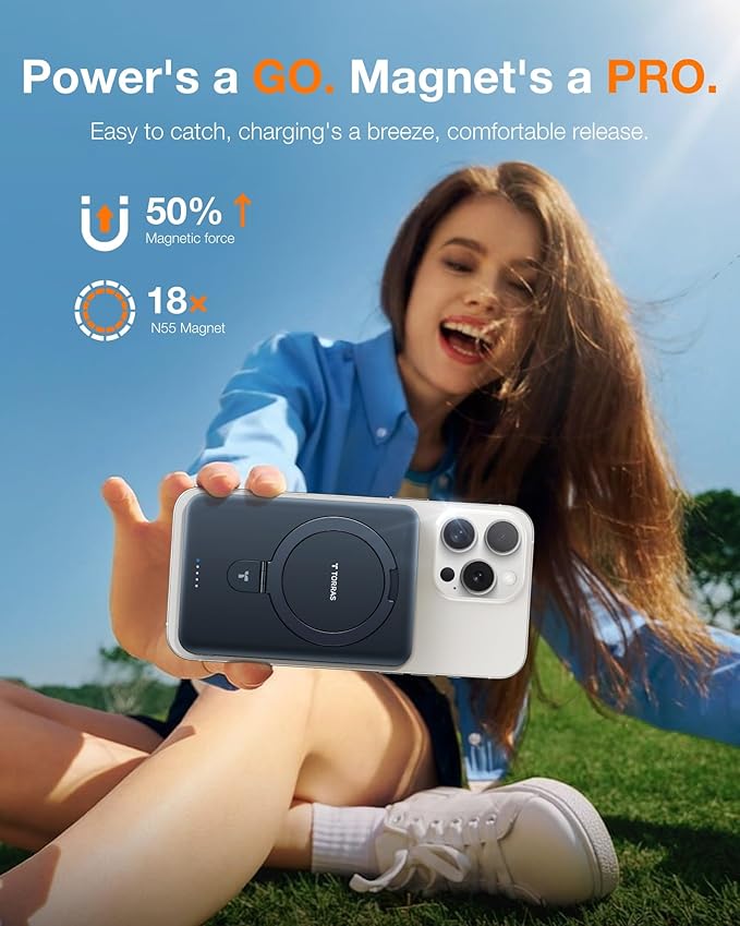 TORRAS 0.45" Slim Magnetic Portable Charger Power Bank for iPhone 5000 mAh 22.5W PD Fast Charging Wireless Battery Pack O Stand Compatible with Magsafe, i Phone 16 Pro Max, Pro,15,14,13,12, Black