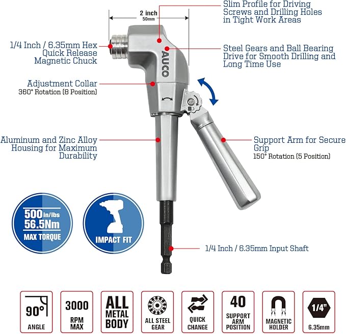 AUCO Durable Right Angle Drill Attachment, Adjustable Drill Adapter, Impact Fit, Max Torque 500 in-lbs (56.5 Nm), All Metal Body & Steel Gear, For Use with Cordless Drill and Impact Driver