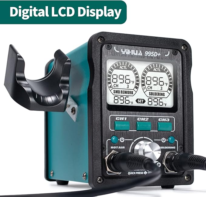YIHUA 995D+ EVO Soldering Hot Air Station Kit 2-IN-1 110W Soldering Iron with LCD Display, Power Meter, Preset Channels, Sleep Mode, °C-°F Conversion, Automatic Shutdown Functions
