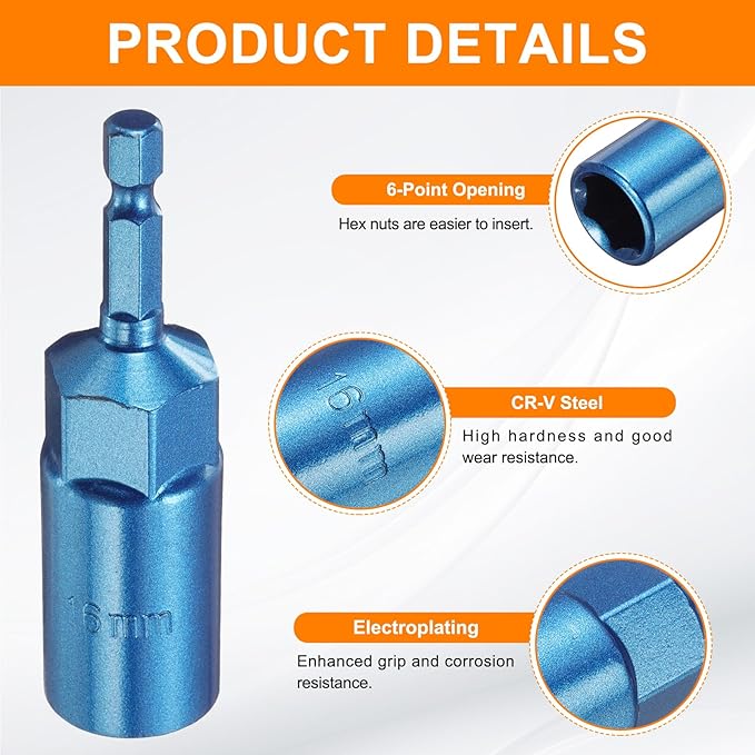 HARFINGTON Nut Driver 16mm Hex Drive Socket CR-V Steel Power Screw Drill Bits Socket Wrench Tools with 1/4" Quick Change Hex Shank for Power Drills Impact Drivers, Blue