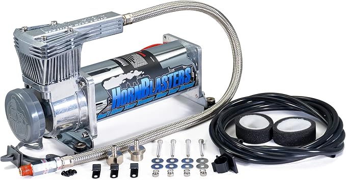 HornBlasters 1NM Air Compressor – 100% Duty Cycle @ 100 PSI, 200 PSI Max – For Train Horns, Air Suspension, Tire Inflation – Fills Up to 5-Gallons – Weather-Resistant (Chrome)