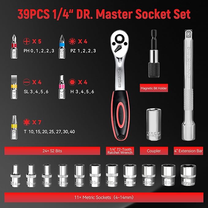 1/4" Socket Set, 39pcs Mini Ratchet Set, Metric Socket Wrench Set with S2 Bits, Small Ratchet & Extension Bar, Compact Mechanic Tool Set for Car, Home & DIY Repairs (39pcs)