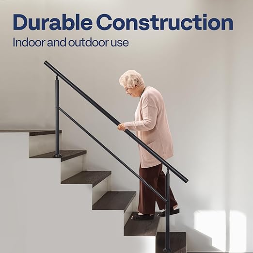 VIVOHOME 2-Pack 5 Step Hand Rails for Outdoor Steps, Galvanized Steel Railing, Black Round Exterior Handrails for Porch, Deck, or Indoor Stairs, Complete Installation Kit