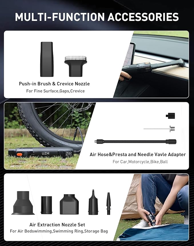 UZM 3 in 1 Tire Inflator and Car Vacuum, Car Vacuum Portable Cordless, 2X Fast Inflation, 12000pa Suction Power, LED Display,150 PSI, Portable Tire Inflator for E-Bike,Motorcycle,Ball