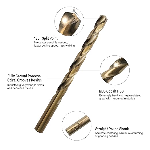 1/8 inch Cobalt Drill Bits, M35 HSS, 135 Degree Tip, Jobber Length Twist Drill Bit Set for Hard Metal, Stainless Steel, Cast Iron, Wood and Plastic, with Storage Case, Pack of 10