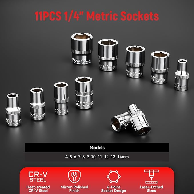 1/4" Socket Set, 39pcs Mini Ratchet Set, Metric Socket Wrench Set with S2 Bits, Small Ratchet & Extension Bar, Compact Mechanic Tool Set for Car, Home & DIY Repairs (39pcs)