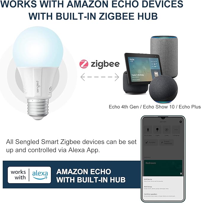 Sengled Zigbee Smart Light Bulbs, Smart Hub Required, Works with SmartThings and Echo with built-in Hub, Voice Control with Alexa and Google Home, Daylight 60W Equivalent A19 Alexa Light Bulb, 4 Pack