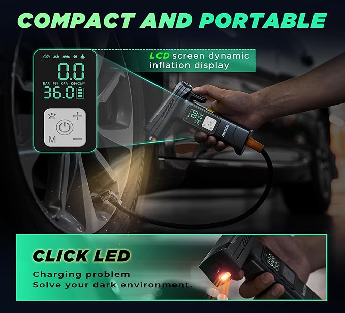 6IN1 Portable Tire Inflator Bike Pump|Escape Tool with Safety Hammer and Seat Belt Cutter|Car Tire Air Pump|Digital Tire Pressure Gauge|Car Accessories for Emergency