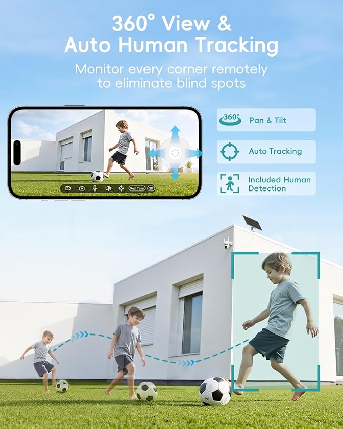 ZUMIMALL 9W Solar Security Cameras Wireless Outdoor, AOV 24/7 Recording Cameras for Home Security, 360° View, 2K Color Night Vision, 2-Way Talk, 2.4GHz WiFi, Auto Tracking, SD/Cloud/Alexa/AI