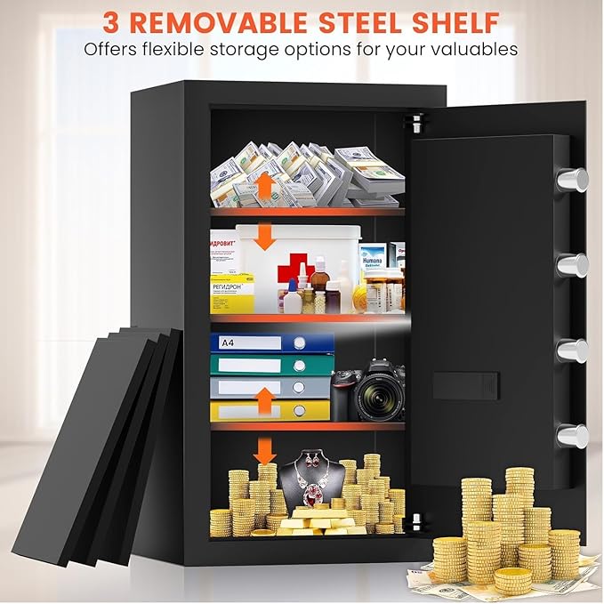 5.3 Cuft Home Safes Fireproof Waterproof, Anti-Theft Large Lock Box, Fire Safe Box With Digital Keypad & 3 Removable Shelves and Led Light, Fireproof Box for Home Money Documents Valuables