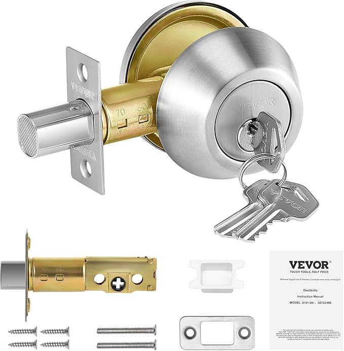 VEVOR Deadbolt Lock, Round Single Cylinder Dead Bolt, Keyed 1 Side, Fits Standard Size Interior and Exterior Doors, Full Metal, with 3 Keys, for Front Entry Door Residential Security, Satin Nickel