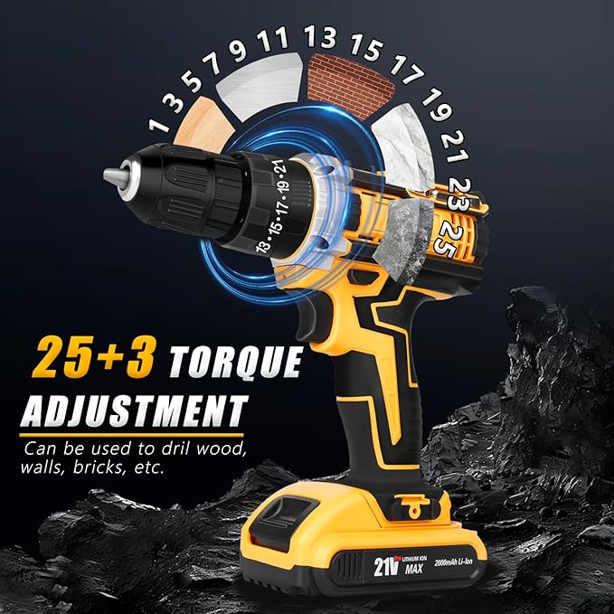 Cordless Drill Set 21V, Electric Screwdriver with 2 Batteries 2000mAh, 25+3 Torque Cordless Hammer Drill, 2-Speed, 42N.m Max, LED Work Light