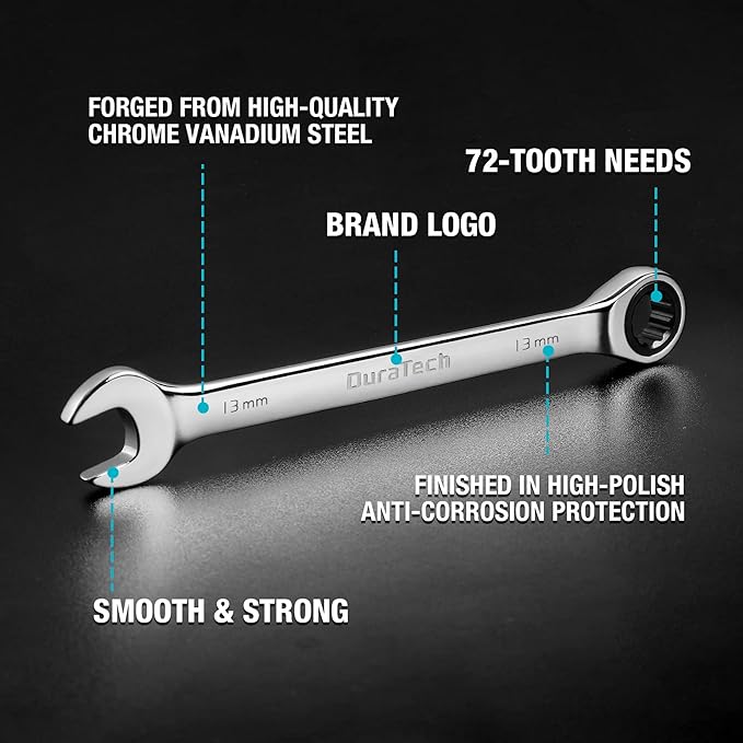 DURATECH Ratcheting Wrench Set, Combination Wrench Set, Metric, 10-piece, 6-18mm, CR-V Steel, with Pouch