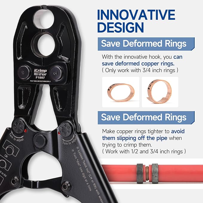 iCrimp Combo Pex Pipe Crimping Tool Kit for 1/2 and 3/4-inch Copper Ring, meets ASTM 1807, Copper Ring Crimper, Removal Tool and Pex Tubing Cutter