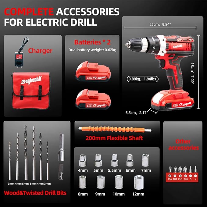 DOGTOOTH 21V MAX Cordless Drill, 1* Battery and Charger, Compatible with Makita 18V Battery, 2 Variable Speed Max 1350 RPM, Build-in LED, 23 Bits, Storage Bag - Red