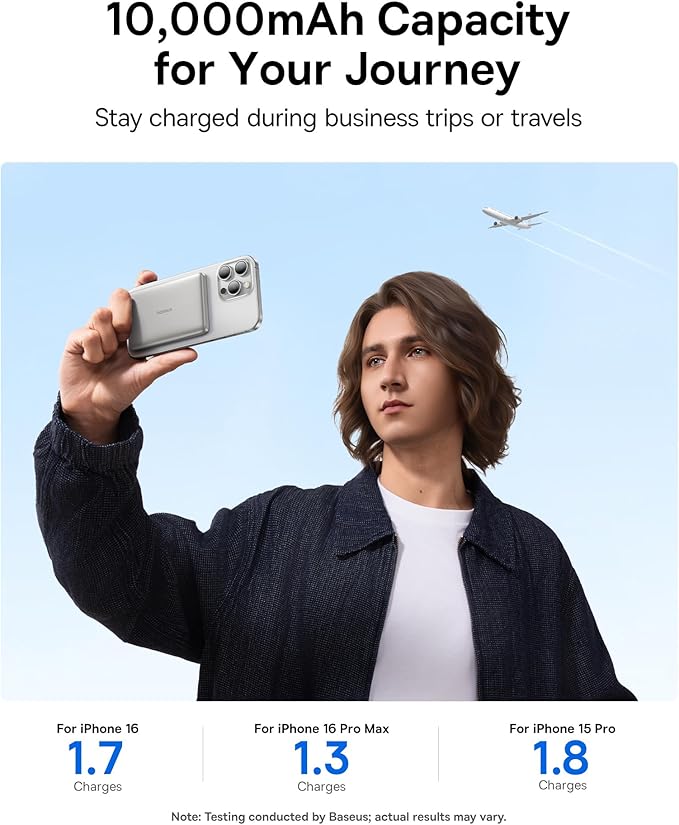 Baseus Picogo Magsafe Portable Charger, Qi2 Certified 0.5" Ultra Slim 15W Wireless Power Bank, 10000mAh 27W Fast Charging Magnetic Battery Pack with USB-C for iPhone 16/15/14/13/12 Series Only