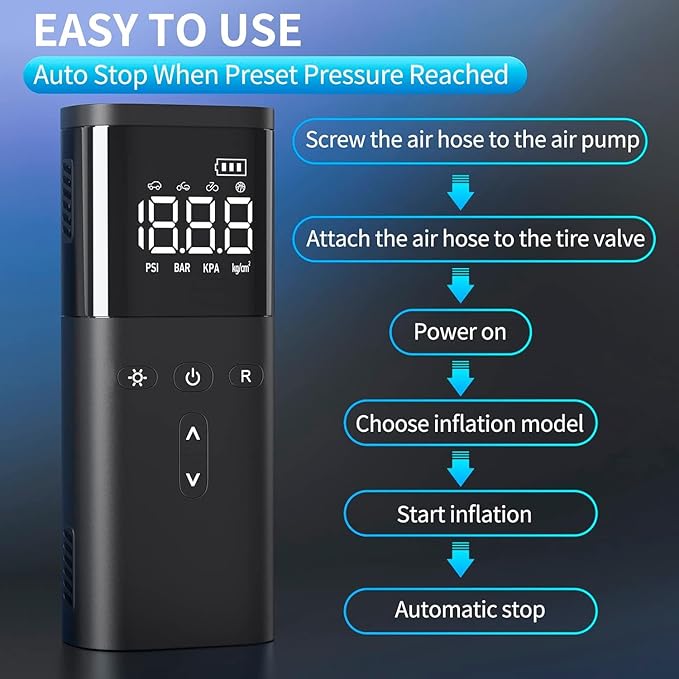Tire Inflator Portable Air Compressor, Air Pump for Car Tires, Cordless Air Compressor 120 PSI - One Click Smart, Tire Pump for Car, Motorcycle, Bicycle, Balls, with Pressure Gauge, LED Light