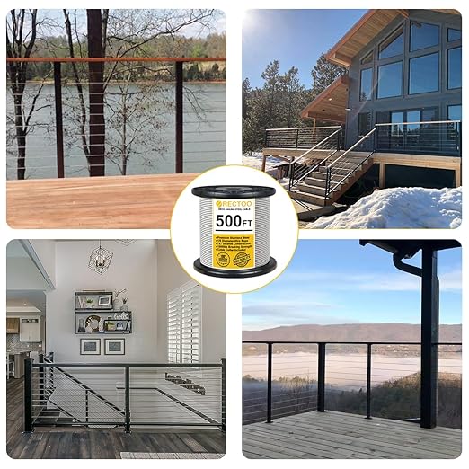 500FT 1/8" T316 Stainless Steel Cable with Cutter, 7x7 Strands Aircraft Wire Rope for Deck Railing, Stair Handrail, Porch Fence, High Strength for Indoor and Outdoor Use