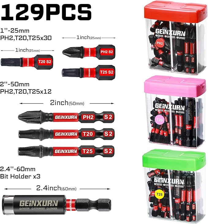 129 Pcs Impact Phillips/Torx Screwdriver Bits Set with Impact Bit Holder and Colorful Boxes,Magnetic S2 Steel Multi Driver Bits Set