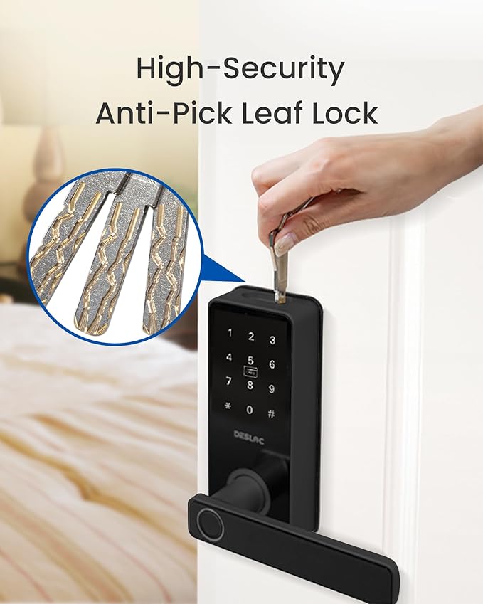 DESLOC B200L Fingerprint Smart Lock with Handle, Keyless Entry Door Locks, App Control, Touchscreen Keypad, 100 PIN Codes, Auto-Lock, 12-Month Battery, Emergency Power Port, IP54 (Black)