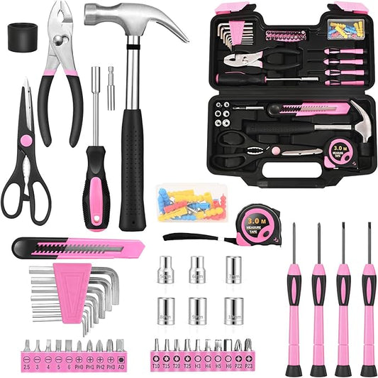 132 Piece Pink Household Tool Set General Household Hand Tool Kit with Plastic Toolbox Storage Case, All Purpose Small Tool Set Great for Home, Garage, Office and College Dormitory Use