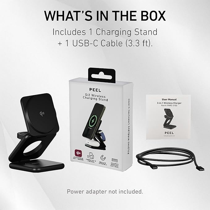 Peel 3-in-1 Wireless Charging Stand – Qi2 Certified Fast Charger, Compatible with MagSafe iPhone 16/15/14/13/12, Apple Watch & AirPods, Ultra-Slim Foldable Design, USB-C Cable – Black