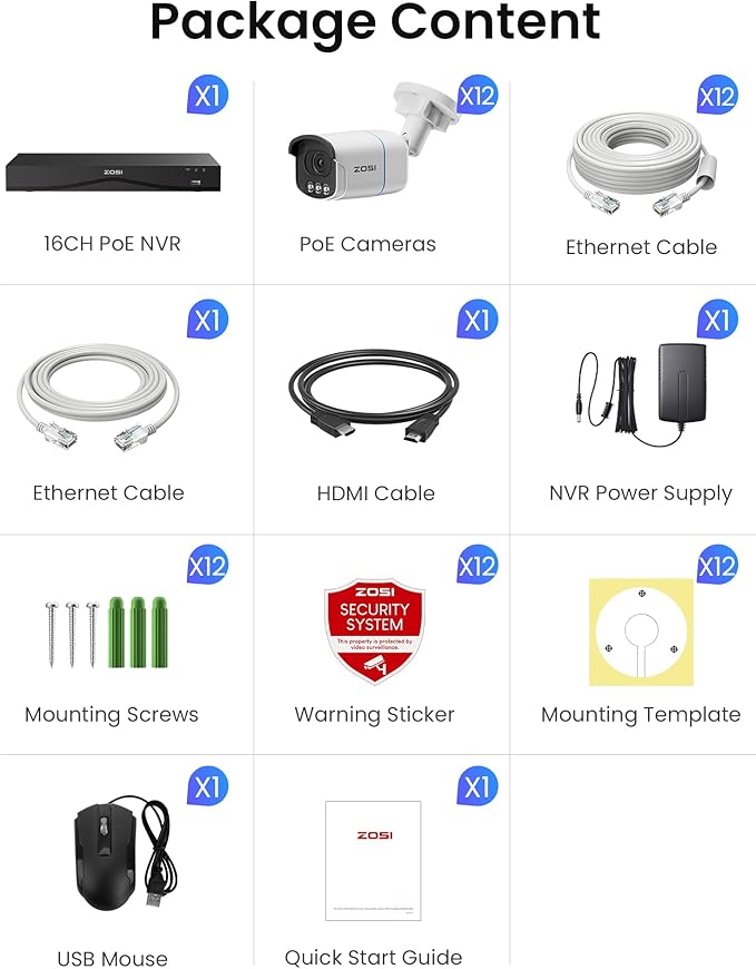 ZOSI 4K 8MP 16CH PoE Security Camera System, 12 x 3K 5MP C186 Aurora Lux True Full Color Night Vision Outdoor Indoor PoE Wired Camera, Person/Vehicle Alerts, Light & Siren, Two-Way Talk, with 4TB HDD