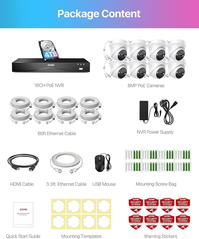 ZOSI 4K PoE Security Camera System,16 Port 32CH 8MP NVR with 4TB HDD,8pcs 4K Indoor Outdoor PoE IP Cameras,Face/Person/Vehicle Detection,2 Way Audio,Night Vision,Dual-Disk Backup for 24/7 Recording