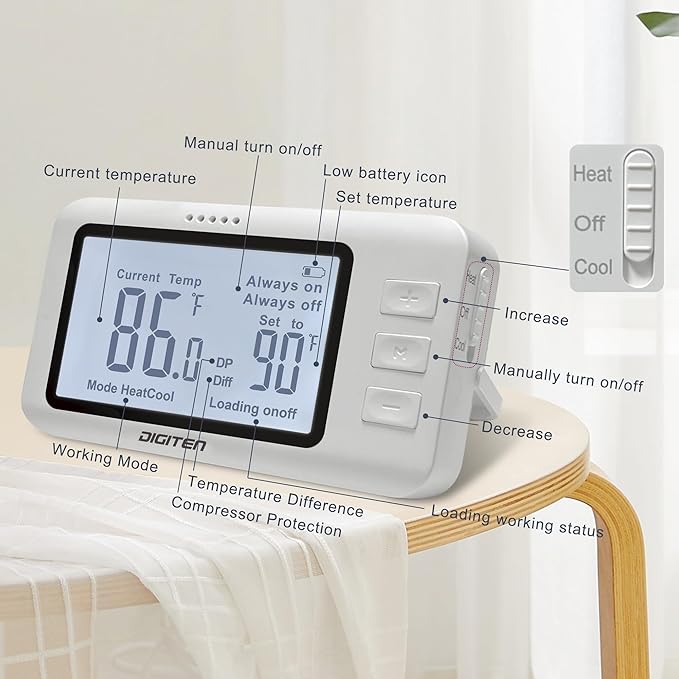DIGITEN Wireless Thermostat Outlet Temperature Controlled Outlet with Power Cord for Heating and Cooling, Remote Control Plug in Thermostat 1800w for Space Heater, Fan, AC