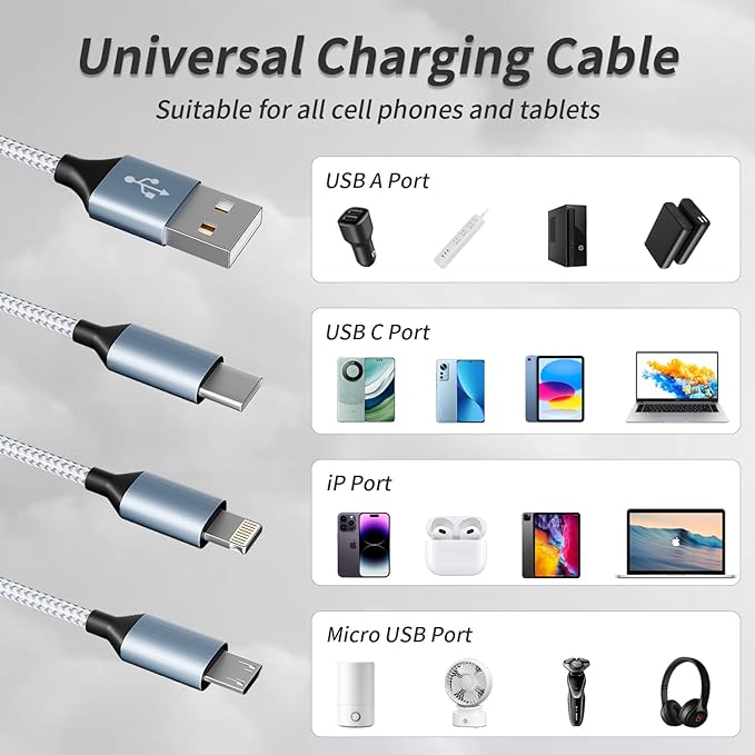 Multi Charging Cable(3Pack 4FT), 3 in 1 Charging Cable for Multiple Devices, Multi Phone Charger Cord with Type-C, Micro USB and IP Port for iPhone 16/15/14/13/iPad/Android/Tablets and More
