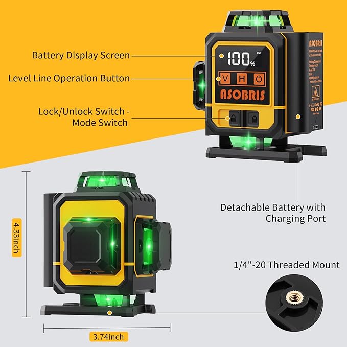 Laser Level 4x360° Self Leveling with Tripod & LCD Touch Screen, 4D Lazer Leveler Tool Green Cross Lazer Level Line Laser with 2x2400mAh Rechargeable Battery for Constuctions, Picture Hanging Indoor