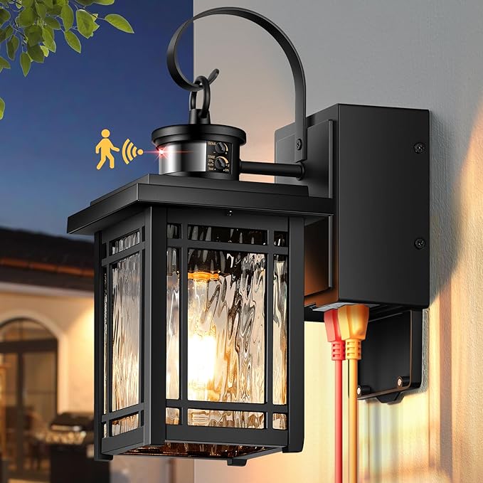Outdoor Porch Light with GFCI Outlet, Motion Sensor Outdoor Light Fixtures Wall Mount, Black Exterior Wall Sconce Lantern with Ripple Glass, Anti-Rust Coach Lights for Garage, Patio, Front Door