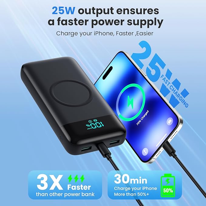 Wireless Portable Charger 40800mAh with 3 Built-in Cables,7-in-1 15W Wireless Charging Power Bank,25W PD QC 4.0 Fast Charging USB C LCD Display Battery Pack for iPhone 16/15/13/12,Samsung,Android etc