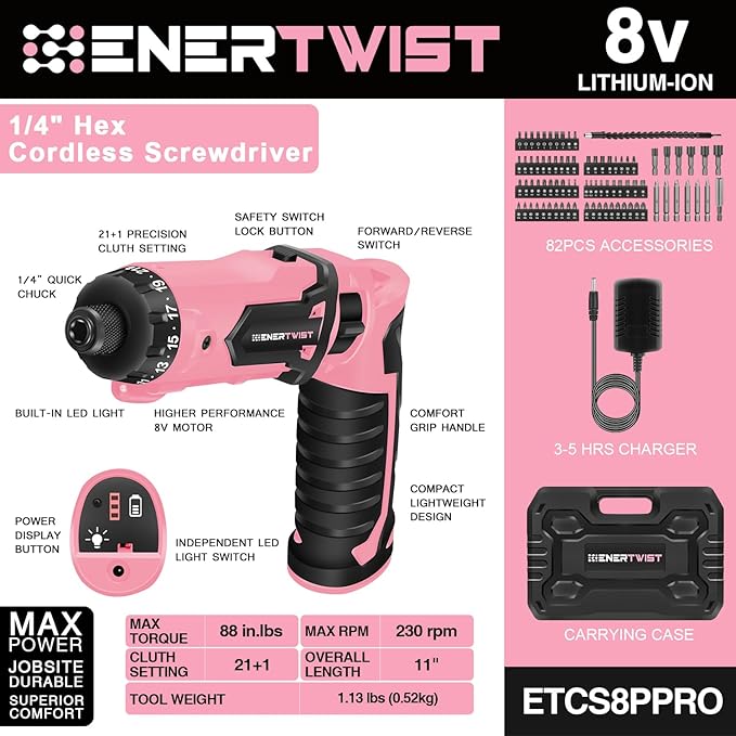 Enertwist Electric Screwdriver, 8V Max 10Nm Pink Cordless Screwdriver Rechargeable Set with 82 Accessory Kit and Charger in Carrying Case, 21+1 Cluth, Dual Position Handle, LED Light