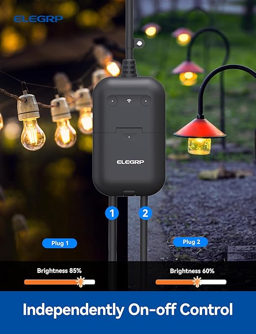 ELEGRP PQR22 Outdoor Smart Dimmer Plug Waterproof IP66, Smart WiFi Plug with 2 Individually Sockets, Compatible with Alexa & Google Assistant, Outdoor Dimmer for String Lights, UL Listed, 1 Pack