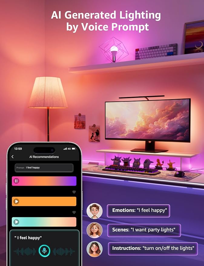 Lepro B1 AI Smart Light Bulbs - WiFi & Bluetooth RGBWW Color Changing LED Bulb Compatible with Alexa & Google Assistant, AI Generated Lighting LLM, AI Voice Control, Music Sync, 2.4GHz Only, 1 Pack