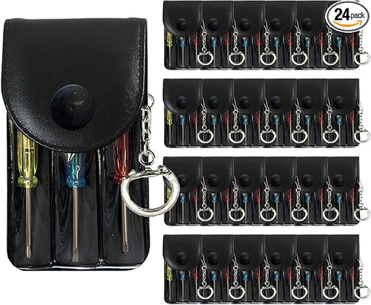Bulk Pack Mini Screwdriver Keychain Set – 24 Sets of Handy 3-Piece Screwdrivers in a Snap-Closure Pouch with Hook, Perfect for Men, Tool Party Favors, Christmas Gifts, and Birthday Presents