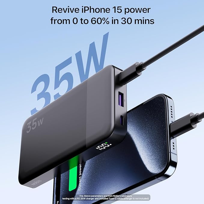 NOBIS Portable Charger, 10000mAh Power Bank Fast Charging, Battery Pack with C to C Cable, Battery Bank with Digital Display for iPhone iPad Android etc (Black, 35W)