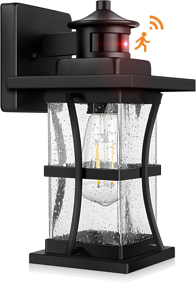 Motion Sensor Outdoor Wall Lights Fixture, Advanced Dusk to Dawn Exterior Lighting, Outside Light for House, Garage, Anti-Rust Waterproof Front Porch Lanterns Fixtures Wall Mount, Seeded Glass, Black