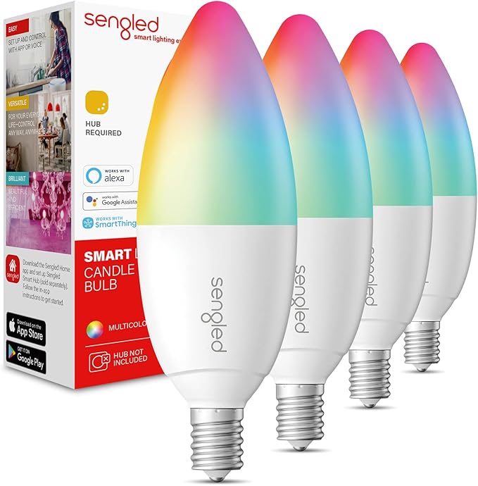 Sengled Zigbee Smart Candelabra Bulbs, Hub Required, Dimmable Multicolor E12 LED Candle Light Bulb Work with Alexa Echo(4th Gen), Echo Plus, Google/SmartThings, Voice/APP Control, 450 LM/40W Eqv. 4PK