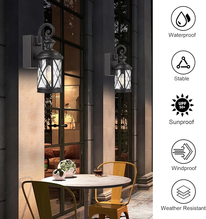 Darkaway Motion Sensor Outdoor Wall Light, Dusk to Dawn Outdoor Porch Light with GFCI Outlet Waterproof Exterior Wall Sconce with Seeded Glass Black Wall Mount Lighting Fixture for House Patio Garage