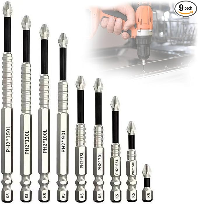 High Magnetic Screwdriver Bit Set, 9PCS 25-150mm Anti-Slip Magnetic Drill Bits, Electric Screwdriver Set for Home DIY, Car Repair, Furniture Assembly, 2025 New Upgrade (9)