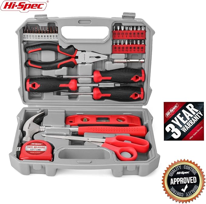Hi-Spec 42pc Red Household DIY Small Tool Kit. Toolbox Set of Starter Basic Tools Kit for Home & Office